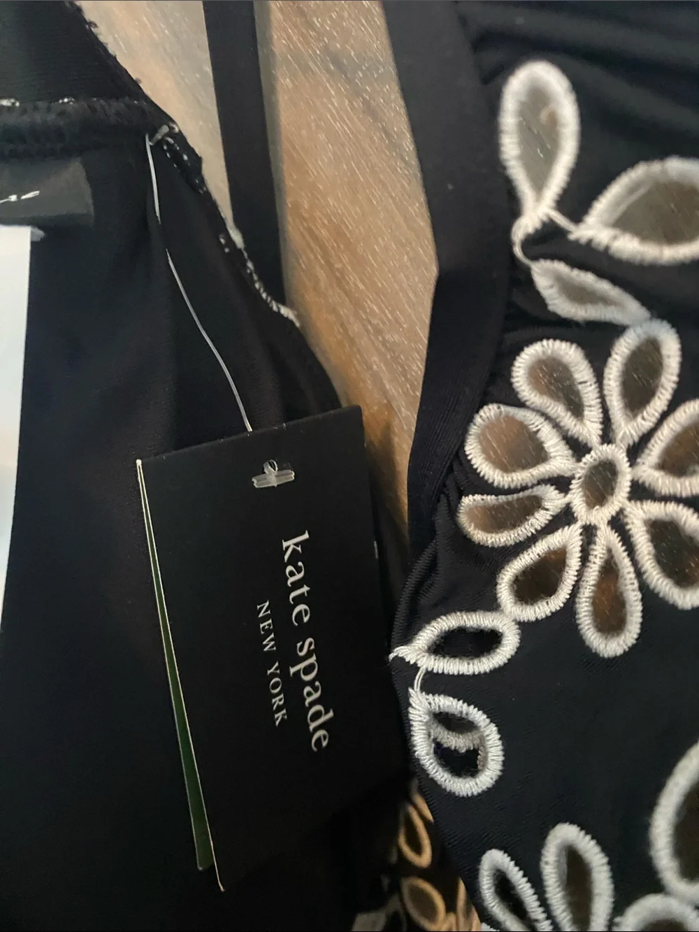 kate spade Black Bikini Top with White Floral Embroidery and Tie-Front